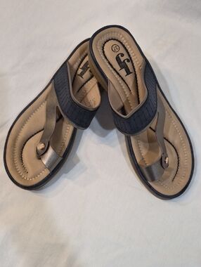 JJ Footwear Metallic Gray and Beige Thong Sandals